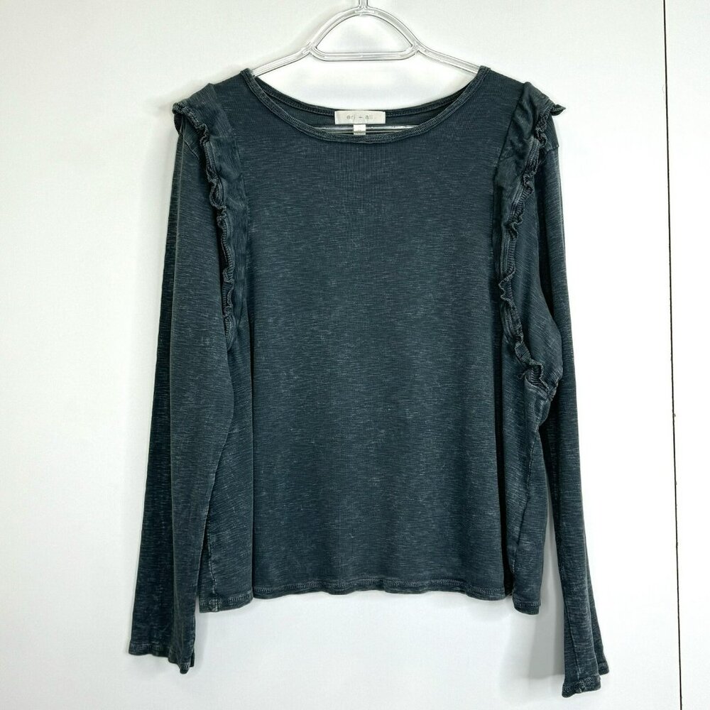 Anthropologie Eri + Ali Top Womens XL Ruffle Long Sleeve Round Neck Shirt Green